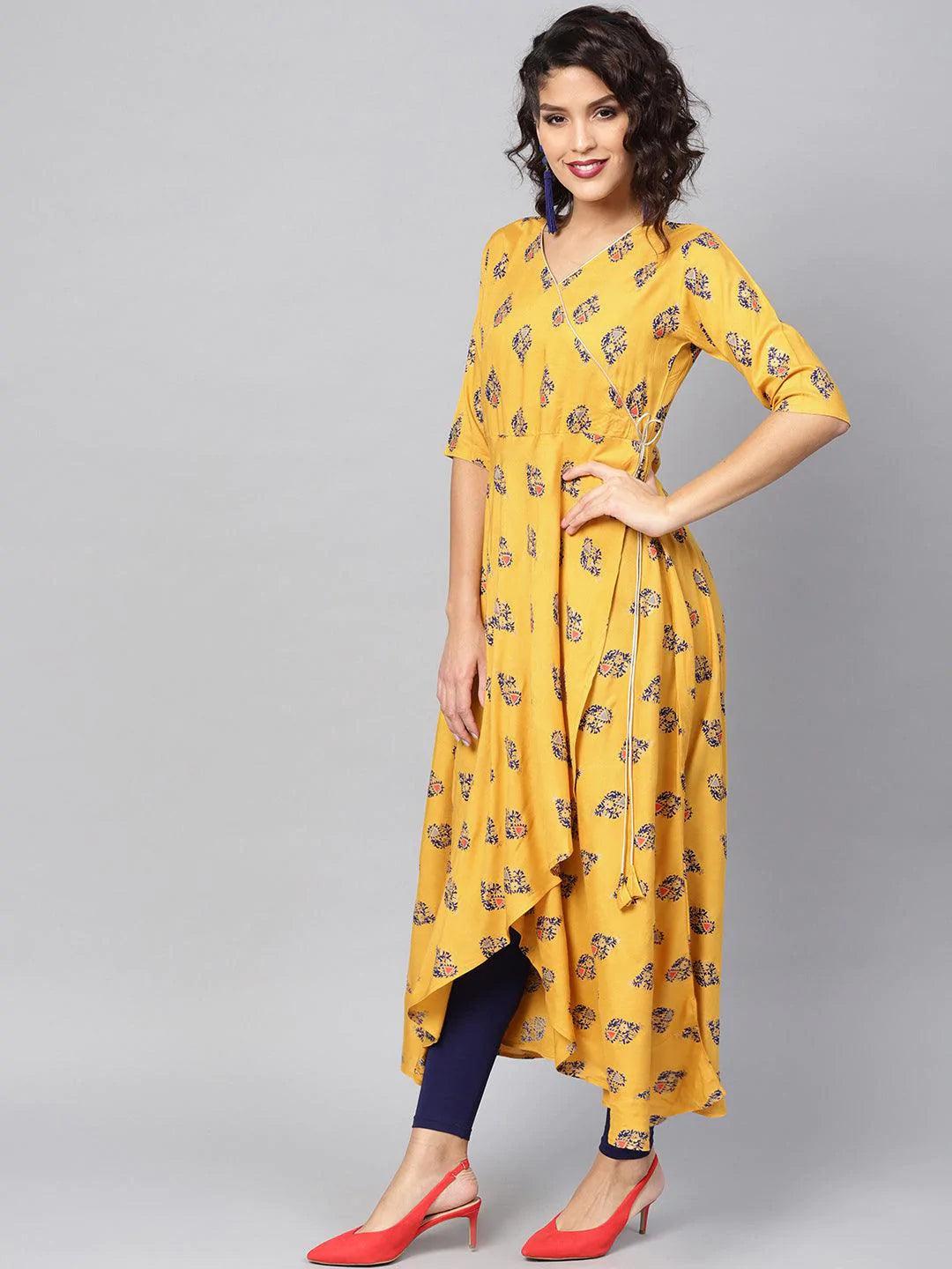 Yellow Printed Rayon Kurta - ShopLibas