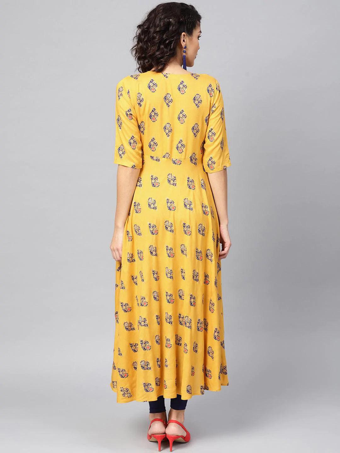 Yellow Printed Rayon Kurta - ShopLibas