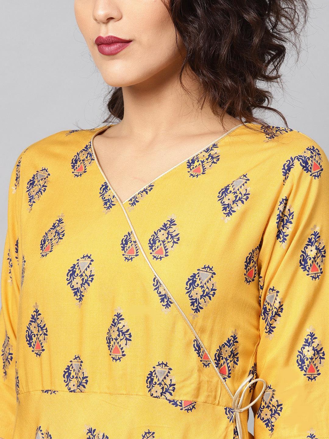 Yellow Printed Rayon Kurta - ShopLibas