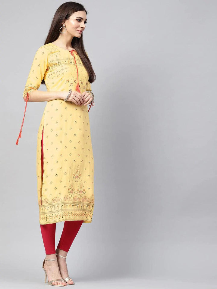 Yellow Printed Rayon Kurta - ShopLibas