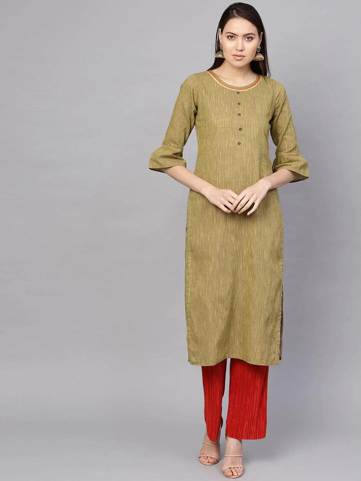 Green Striped Cotton Kurta - ShopLibas