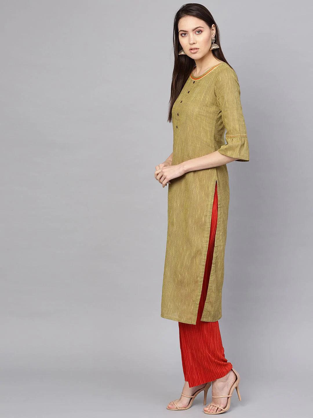 Green Striped Cotton Kurta - ShopLibas