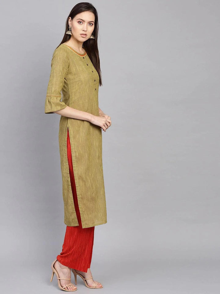 Green Striped Cotton Kurta - ShopLibas