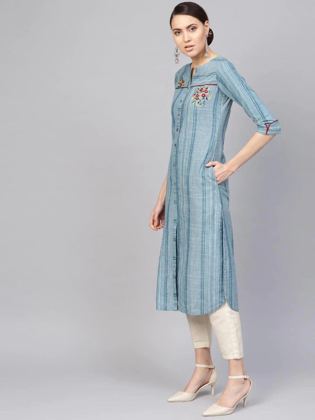 Blue Printed Cotton Kurta - ShopLibas