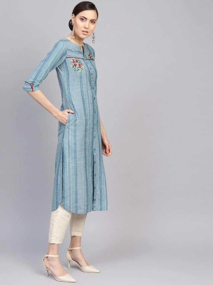 Blue Printed Cotton Kurta - ShopLibas