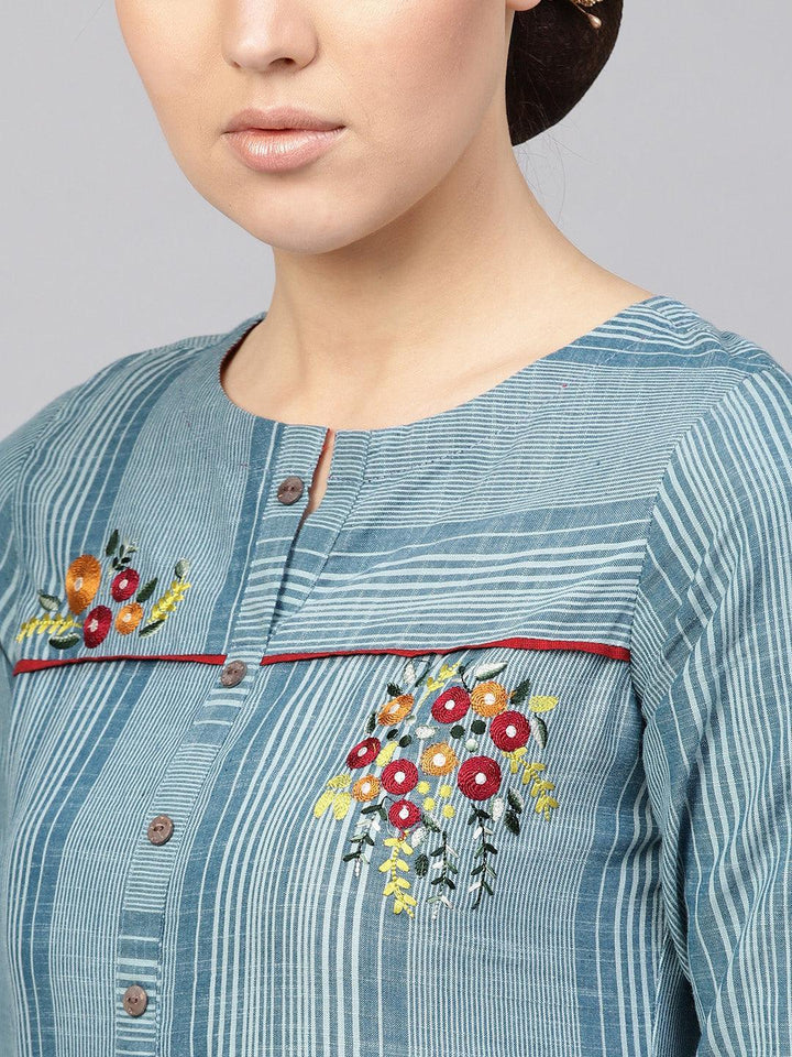 Blue Printed Cotton Kurta - ShopLibas