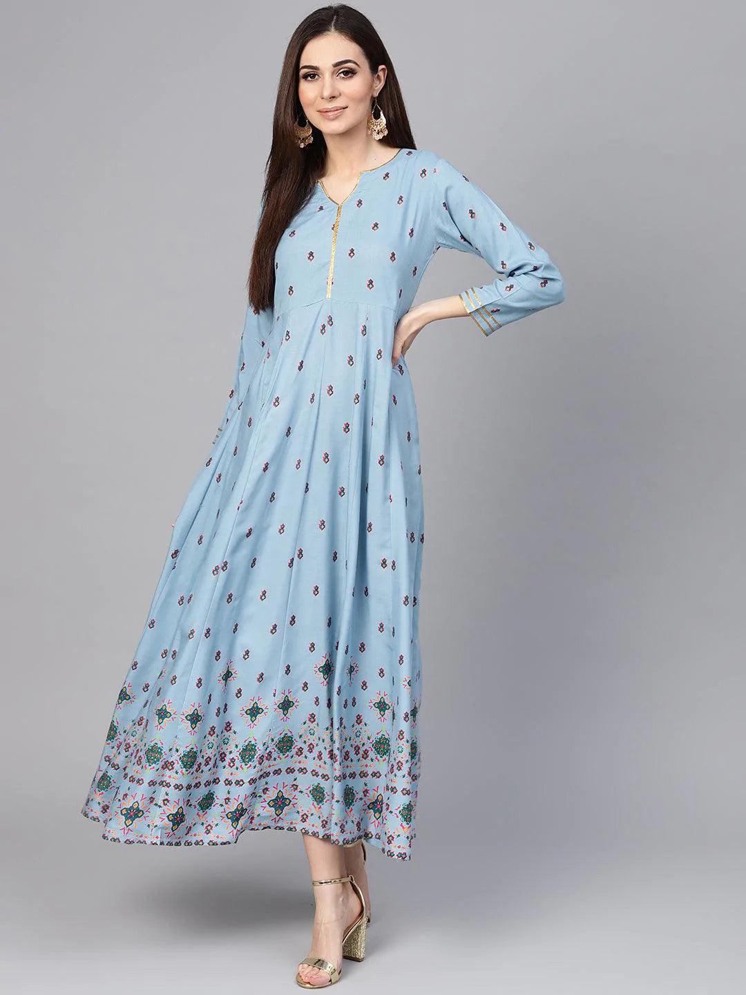 Blue Printed Rayon Dress - ShopLibas