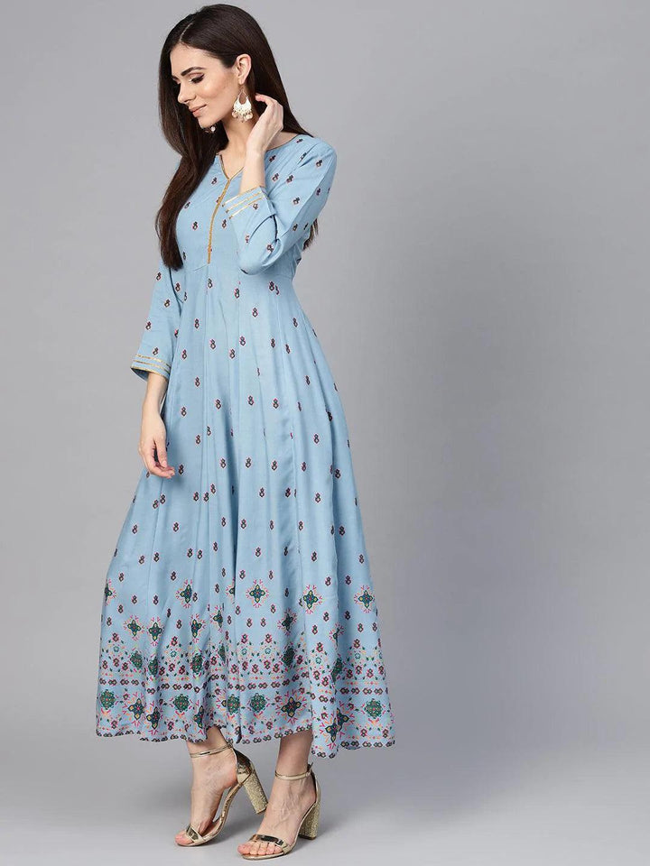 Blue Printed Rayon Dress - ShopLibas