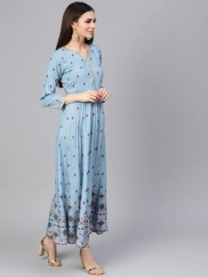 Blue Printed Rayon Dress - ShopLibas