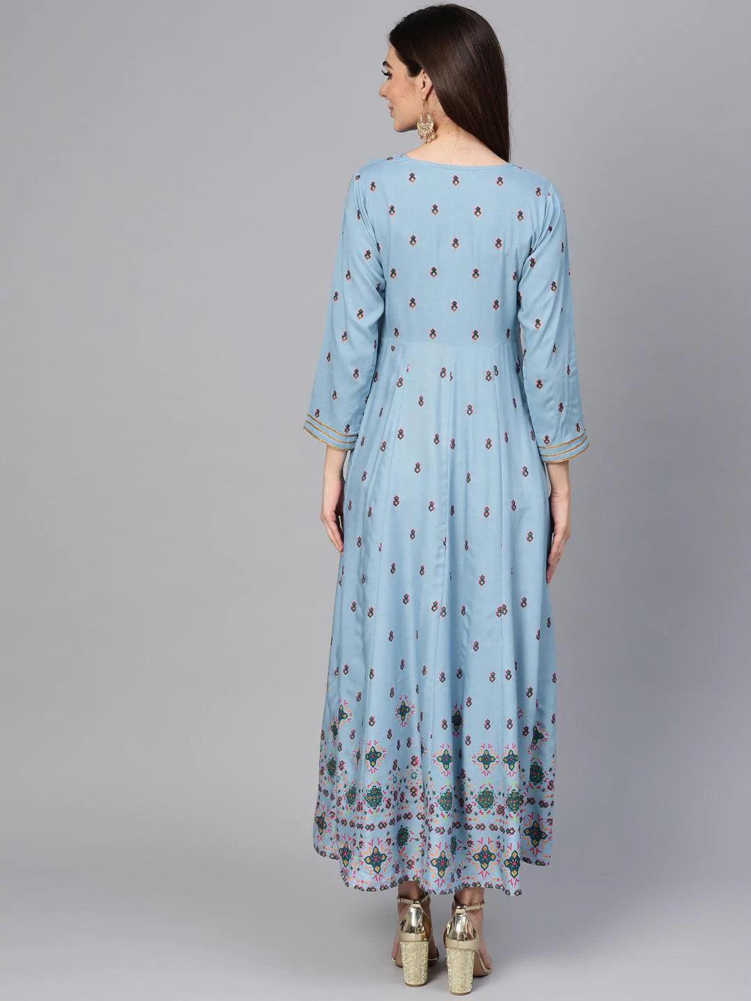 Blue Printed Rayon Dress - ShopLibas