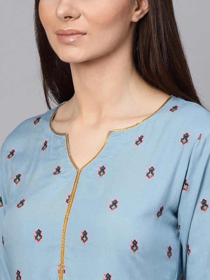 Blue Printed Rayon Dress - ShopLibas