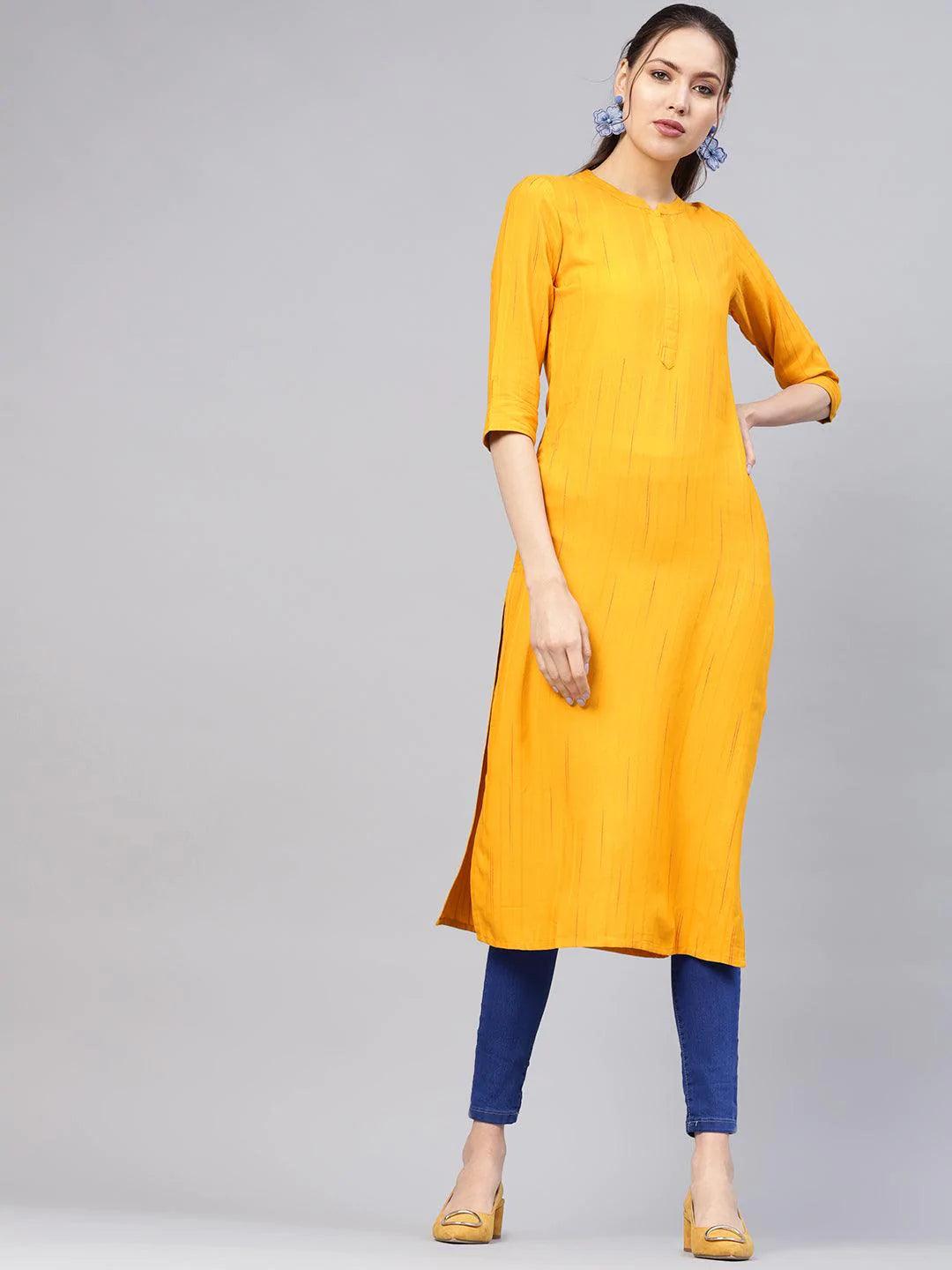 Mustard Striped Rayon Kurta