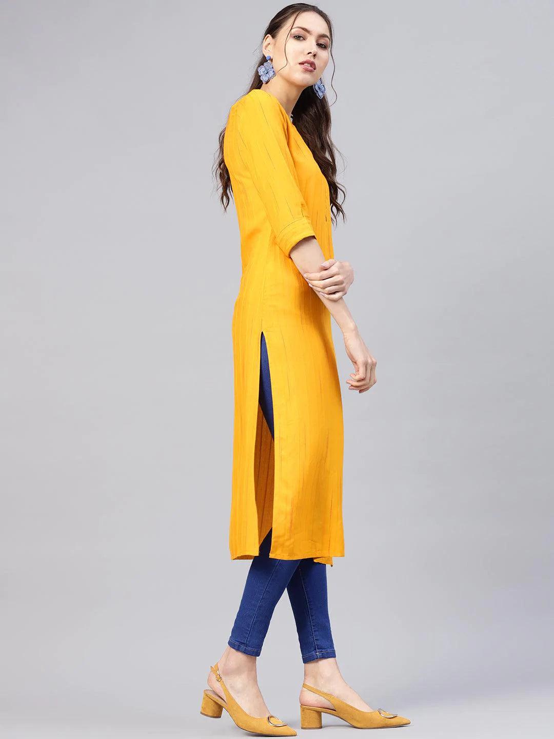 Mustard Striped Rayon Kurta