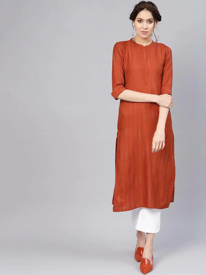 Rust Striped Rayon Kurta - ShopLibas