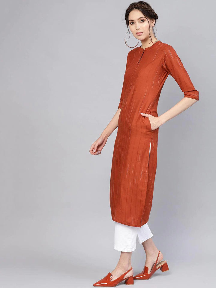 Rust Striped Rayon Kurta - ShopLibas