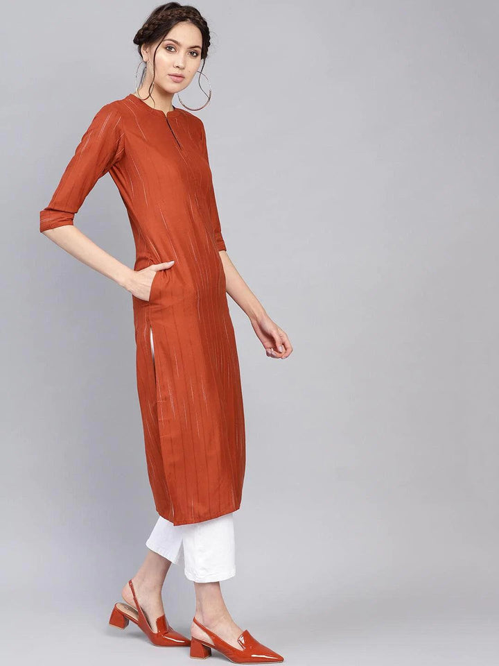 Rust Striped Rayon Kurta - ShopLibas