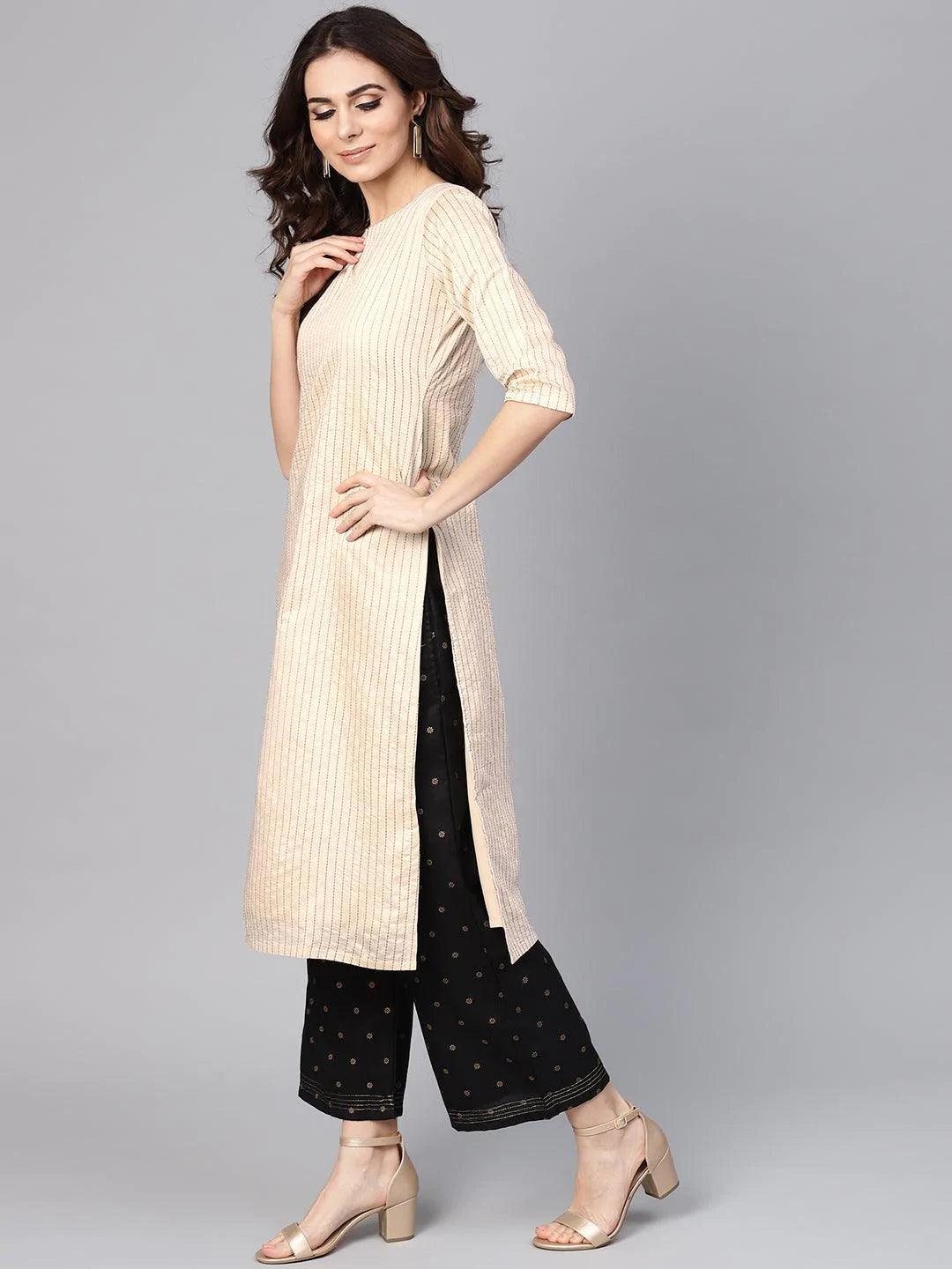 Beige Striped Chanderi Kurta