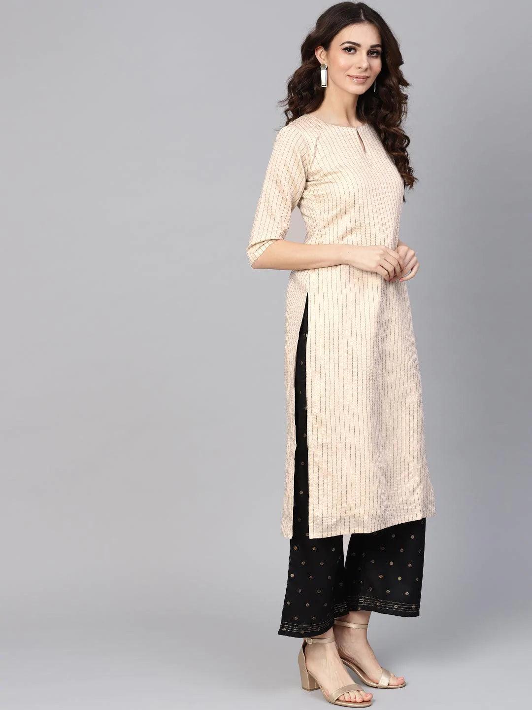 Beige Striped Chanderi Kurta