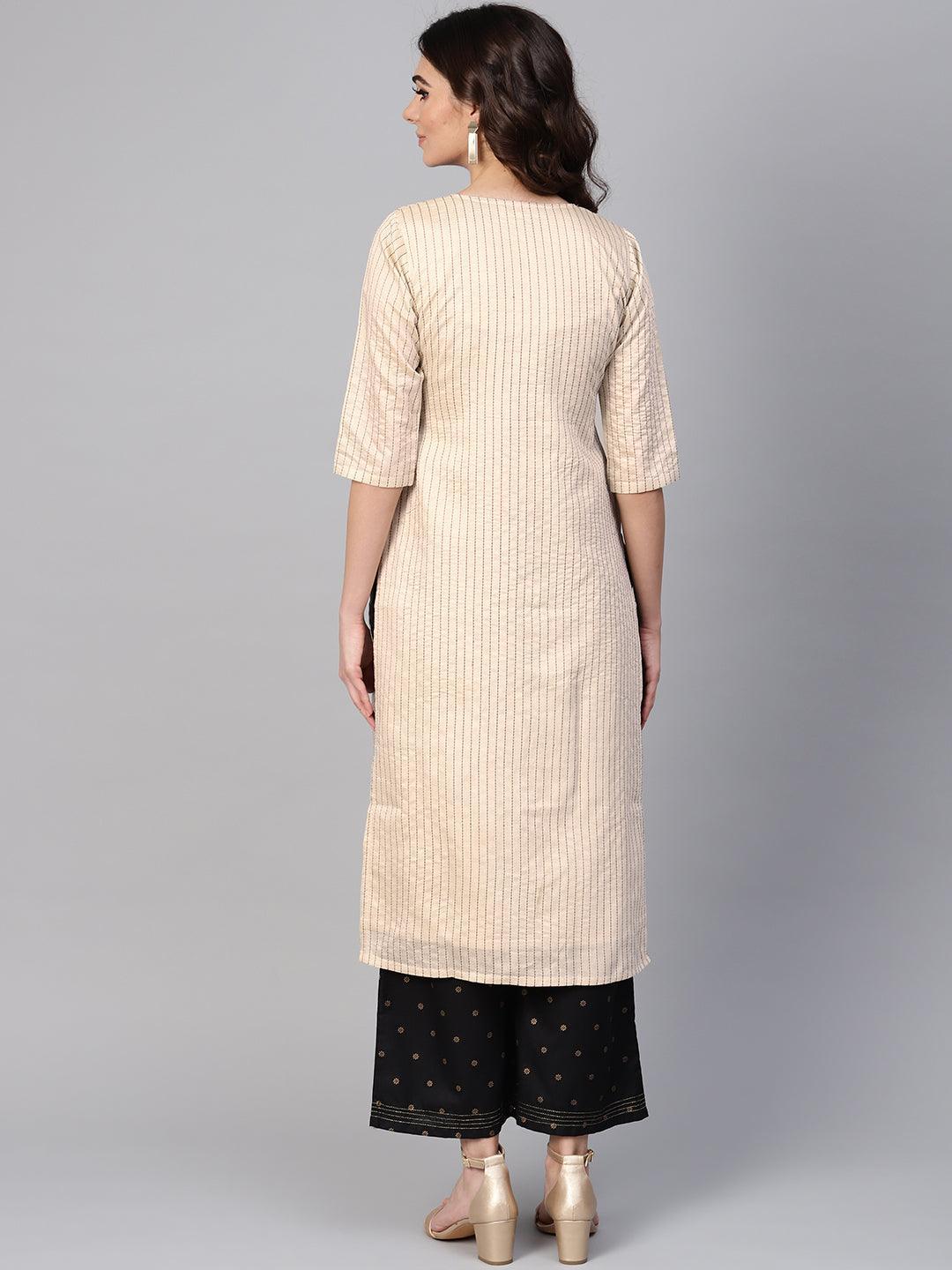 Beige Striped Chanderi Kurta