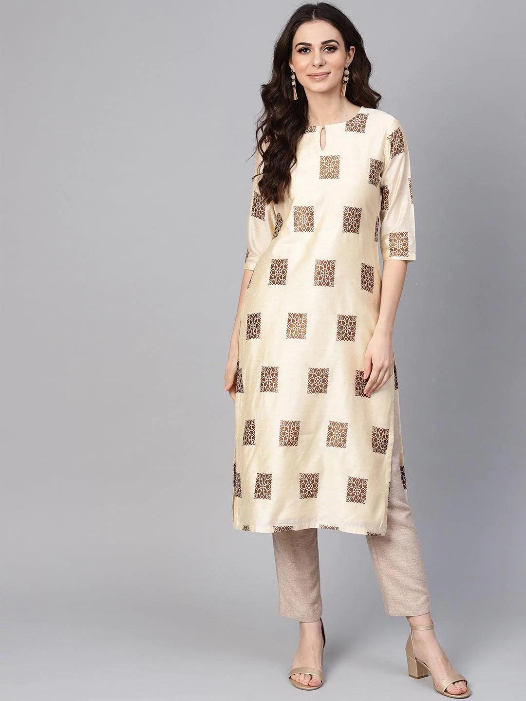 Beige Woven Design Chanderi Kurta - ShopLibas