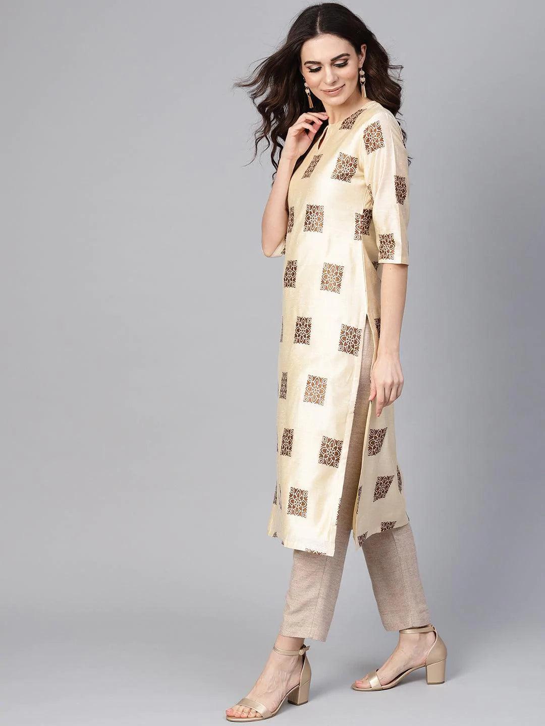 Beige Woven Design Chanderi Kurta - ShopLibas