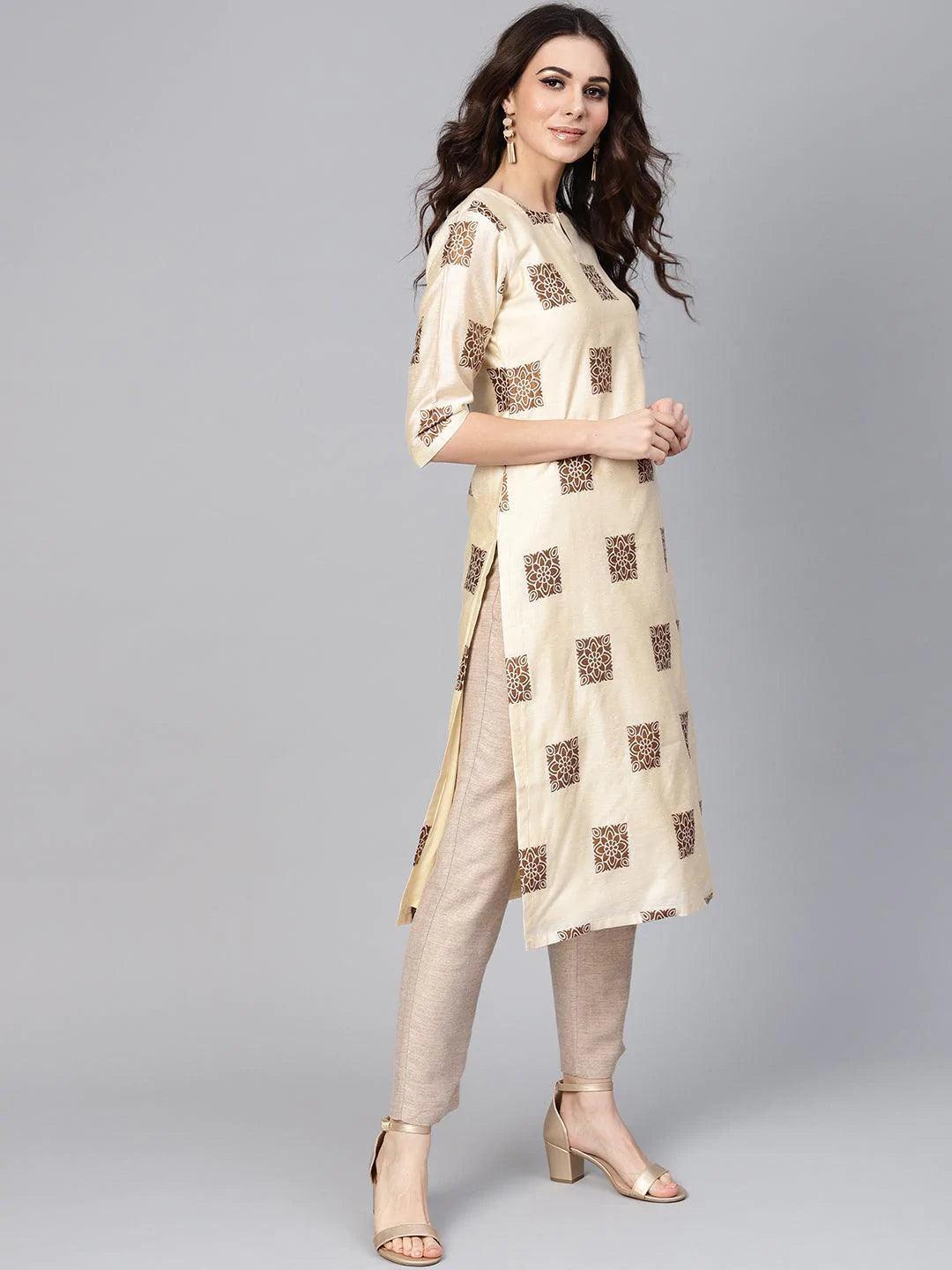 Beige Woven Design Chanderi Kurta - ShopLibas