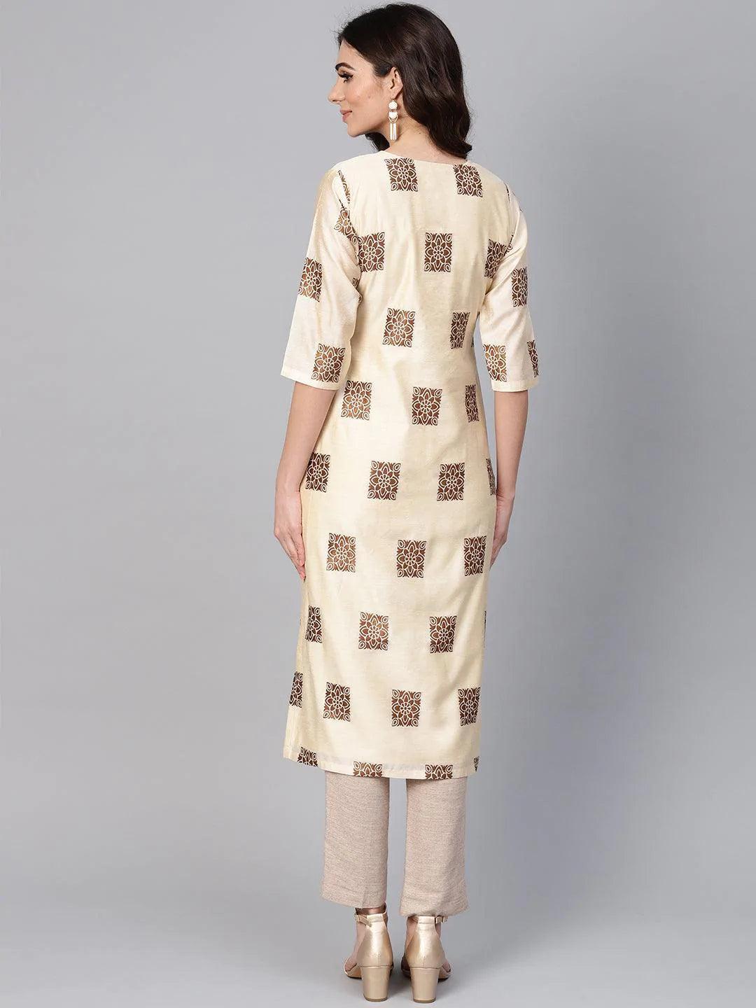 Beige Woven Design Chanderi Kurta - ShopLibas