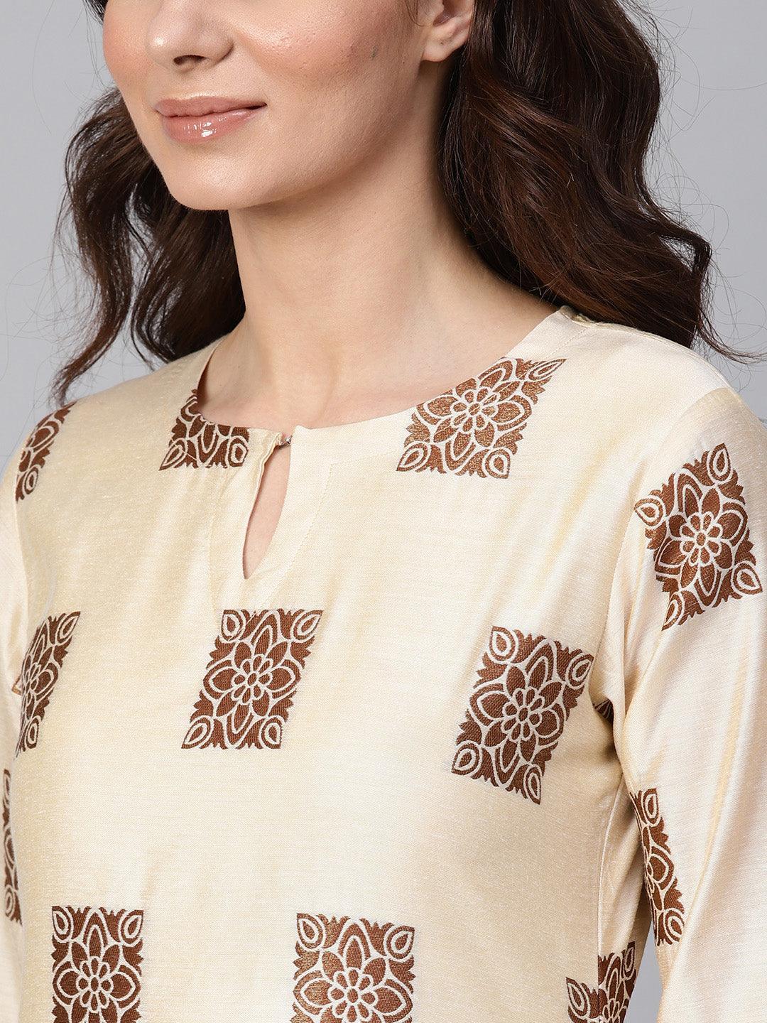 Beige Woven Design Chanderi Kurta - ShopLibas