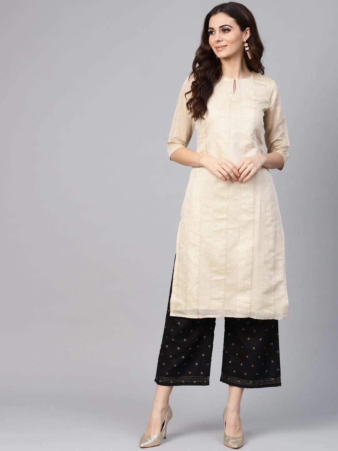 Beige Striped Polyester Kurta - ShopLibas