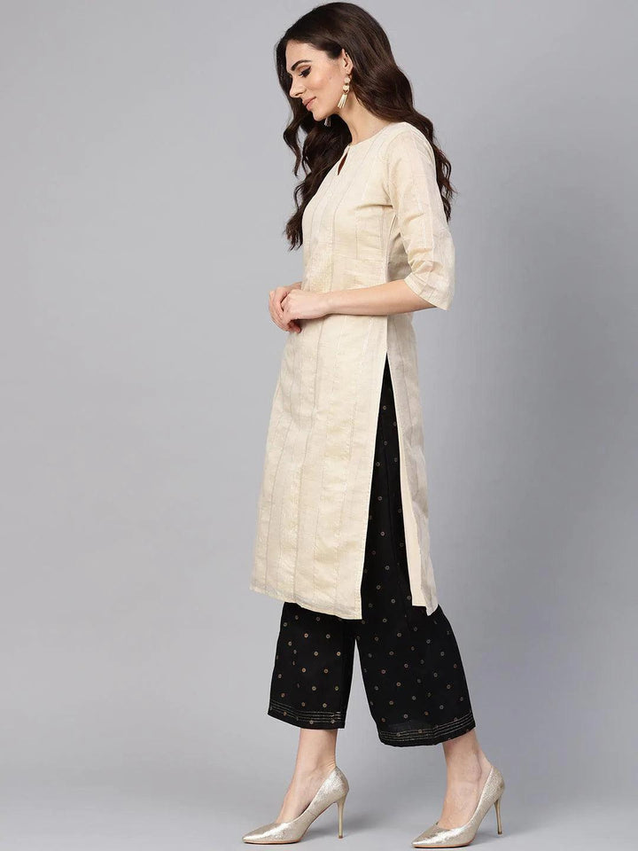 Beige Striped Polyester Kurta - ShopLibas