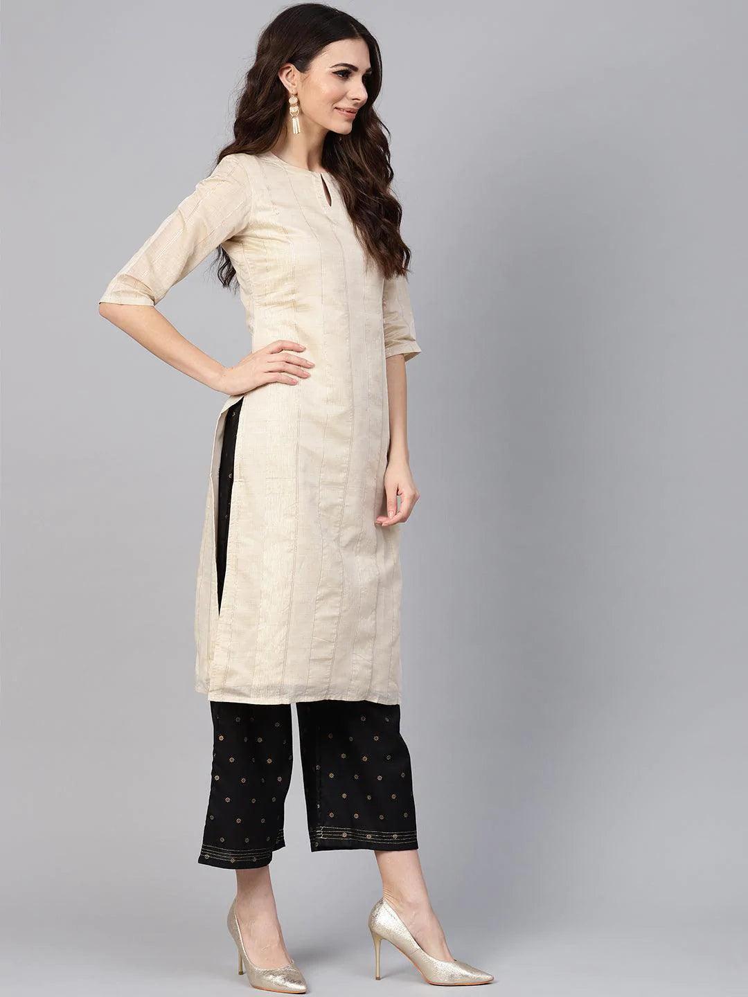 Beige Striped Polyester Kurta - ShopLibas