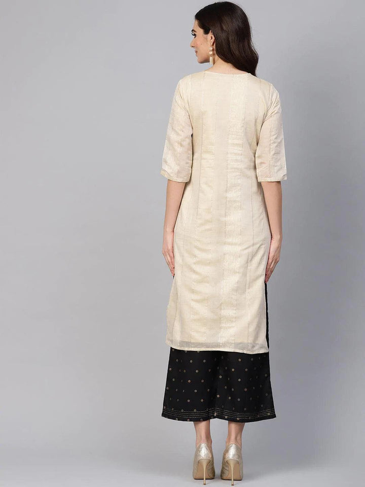 Beige Striped Polyester Kurta - ShopLibas