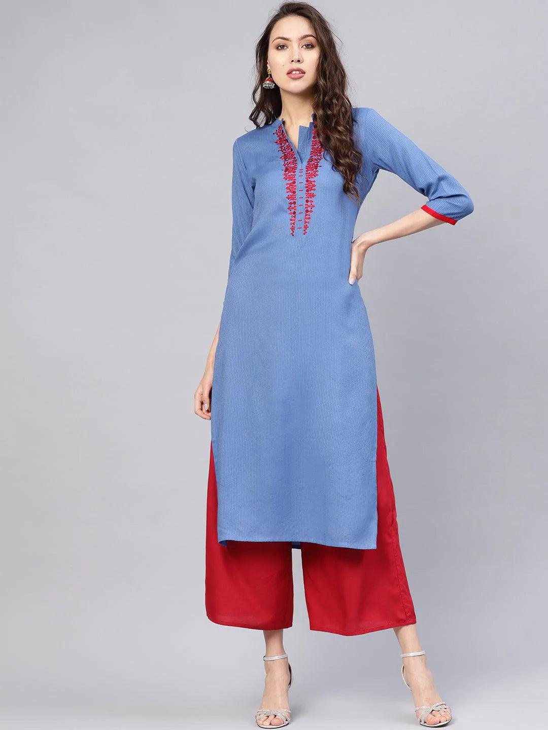 Blue Printed Rayon Kurta - ShopLibas