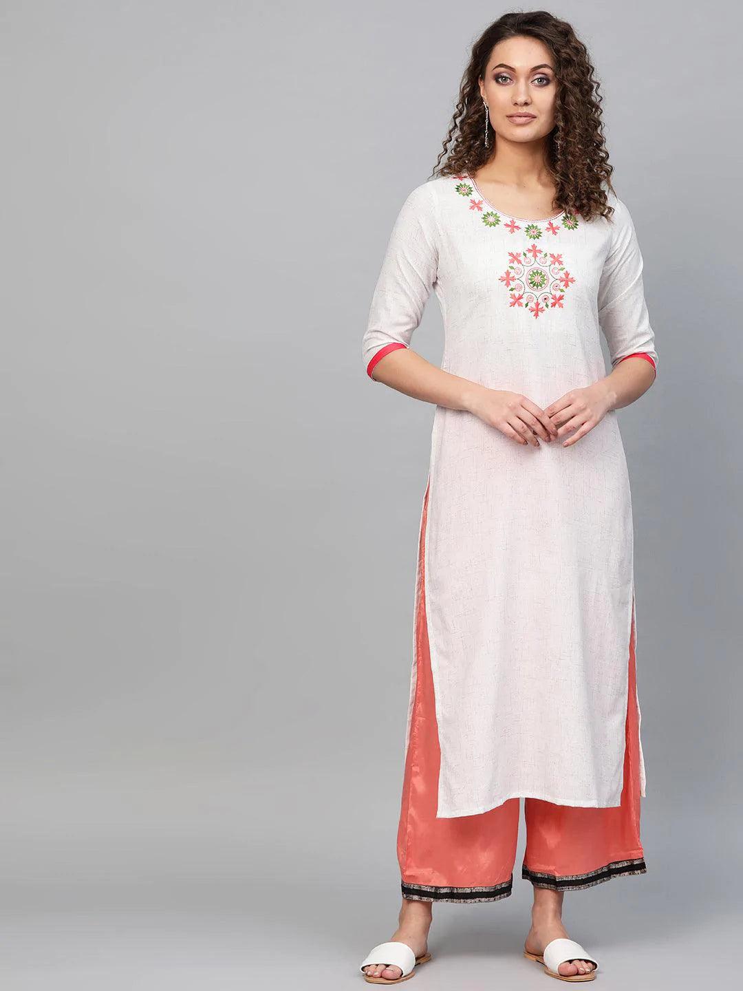 White Embroidered Cotton Kurta - ShopLibas