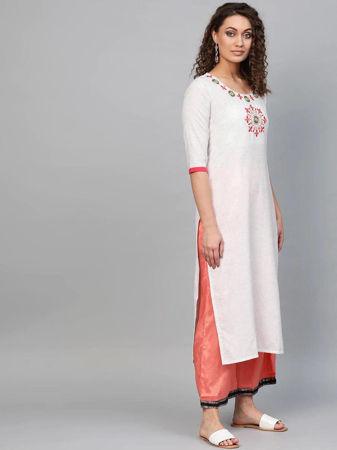 White Embroidered Cotton Kurta - ShopLibas