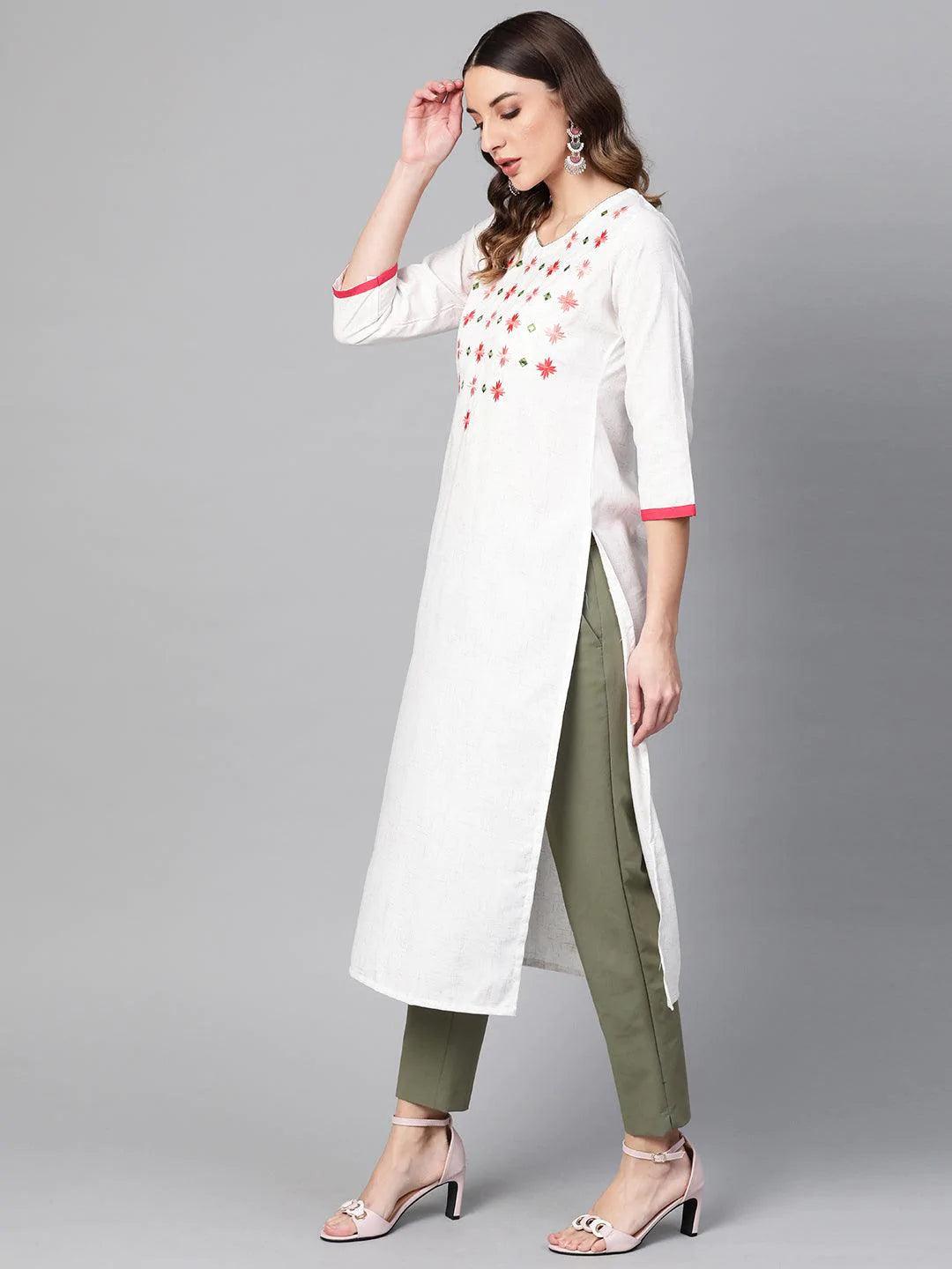 White Printed Cotton Kurta - ShopLibas