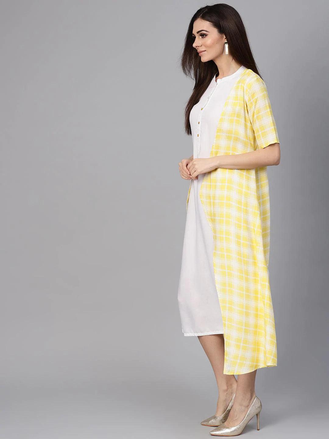 Yellow Checkered Rayon Dress With Jacket