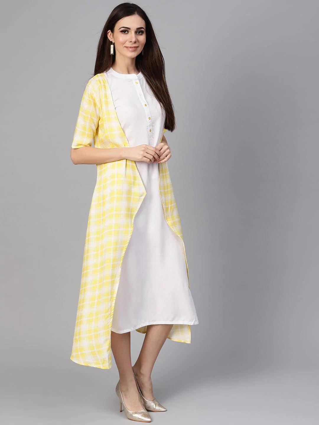 Yellow Checkered Rayon Dress With Jacket