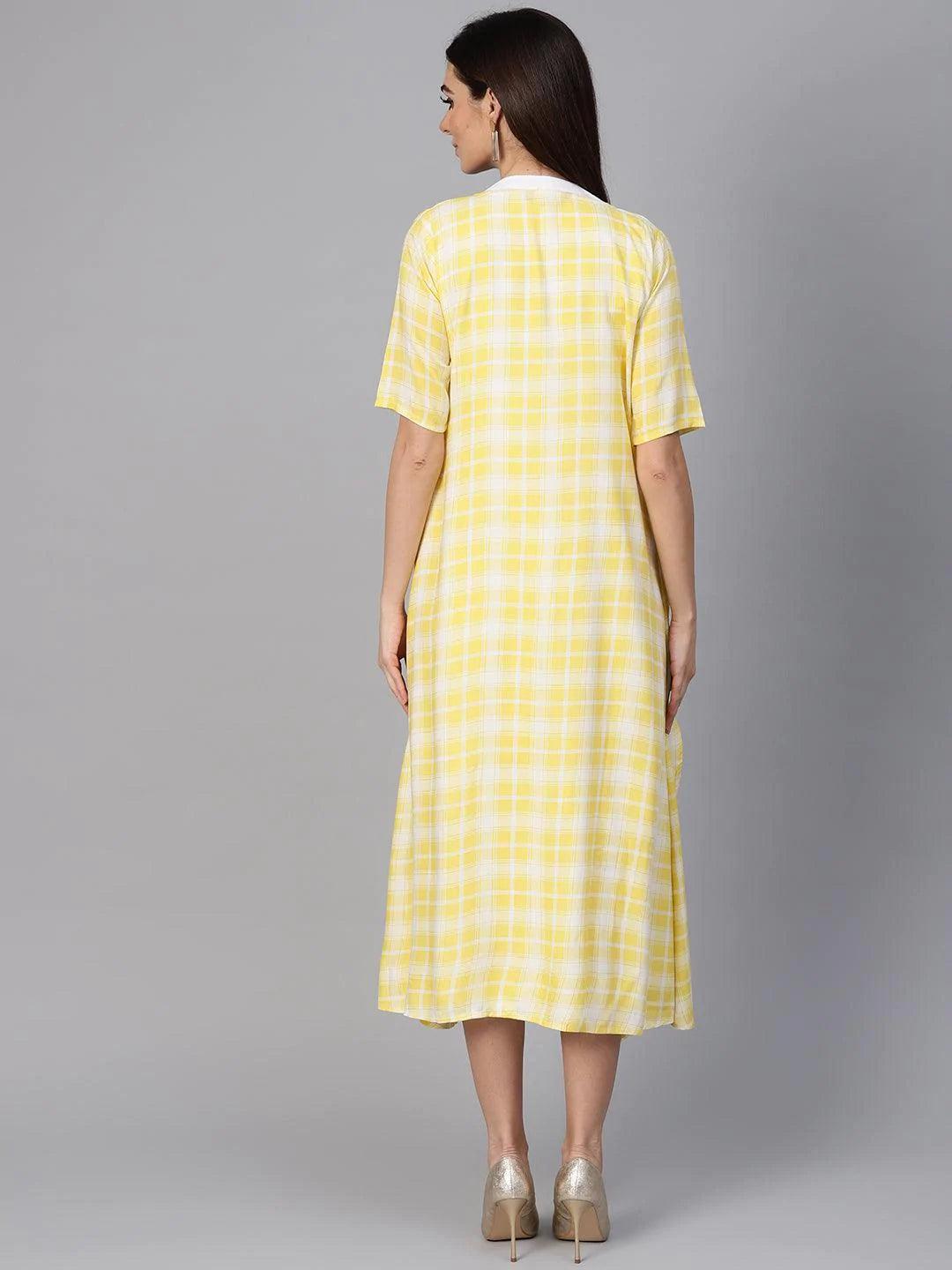 Yellow Checkered Rayon Dress With Jacket