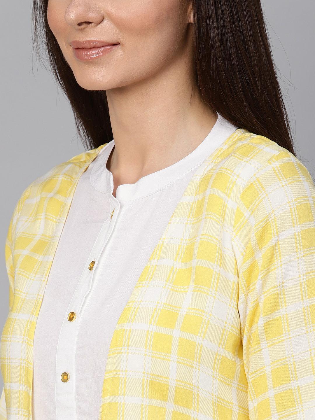 Yellow Checkered Rayon Dress With Jacket