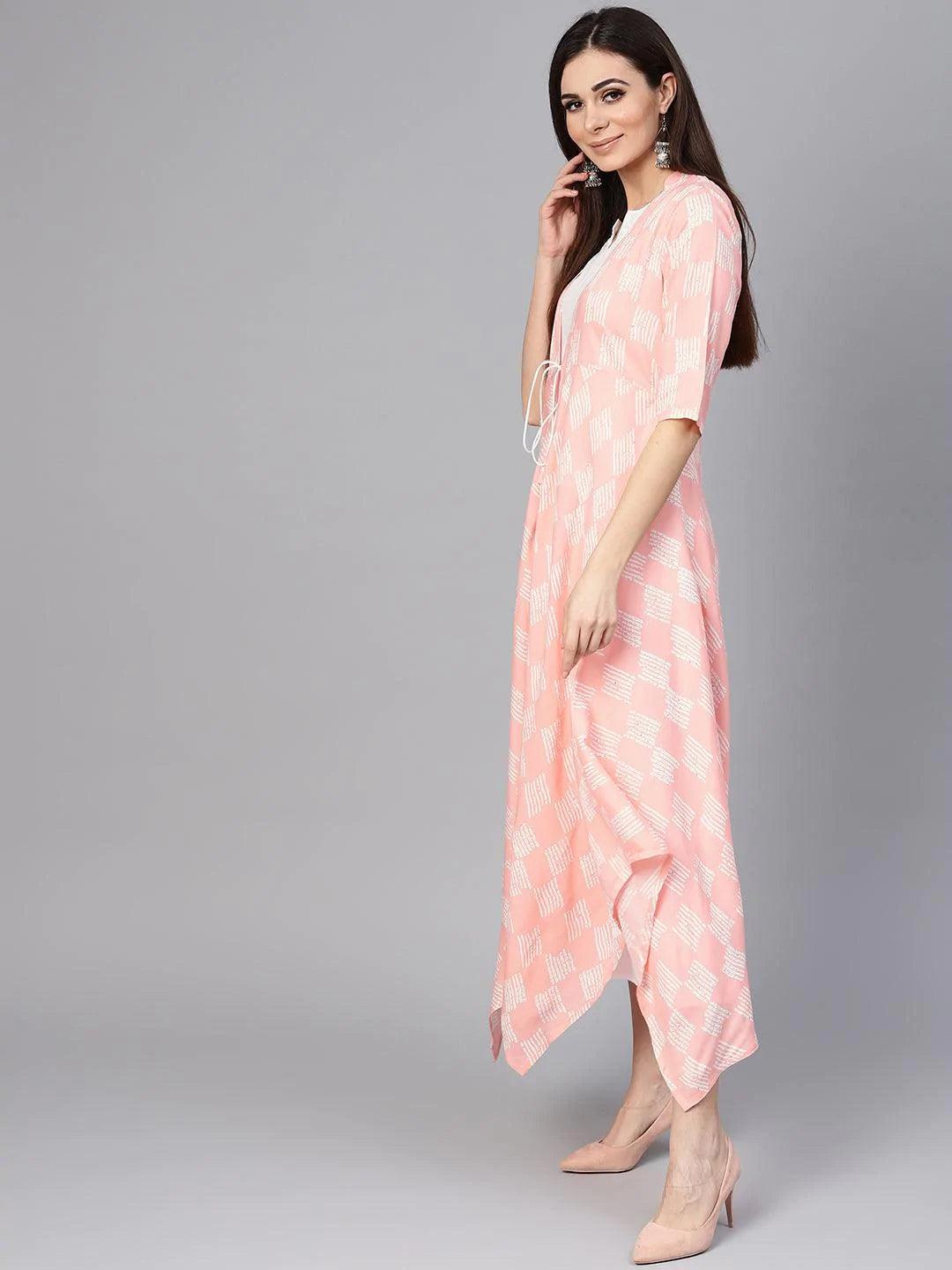 Pink Printed Rayon Dress With Jacket