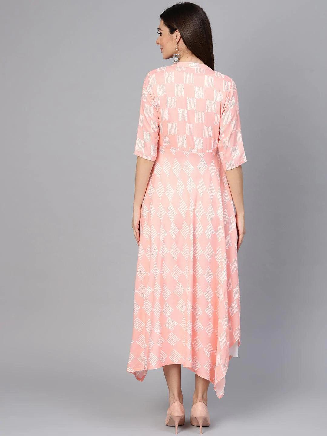 Pink Printed Rayon Dress With Jacket - ShopLibas