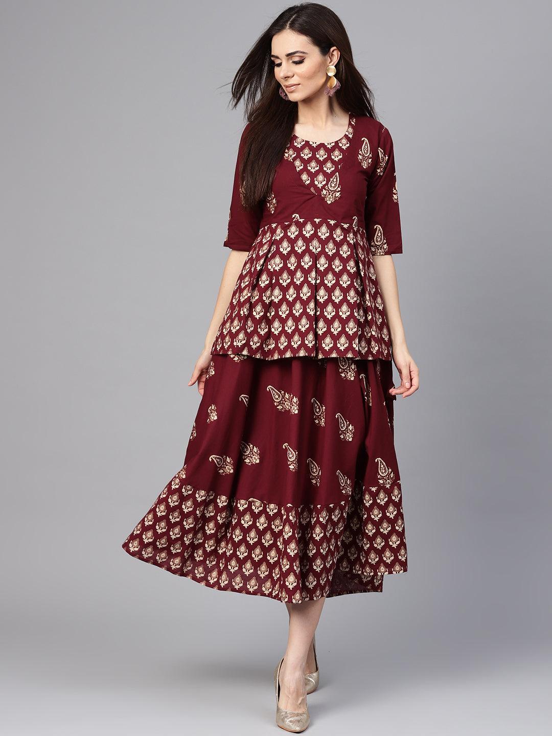 Maroon Printed Cotton Dress