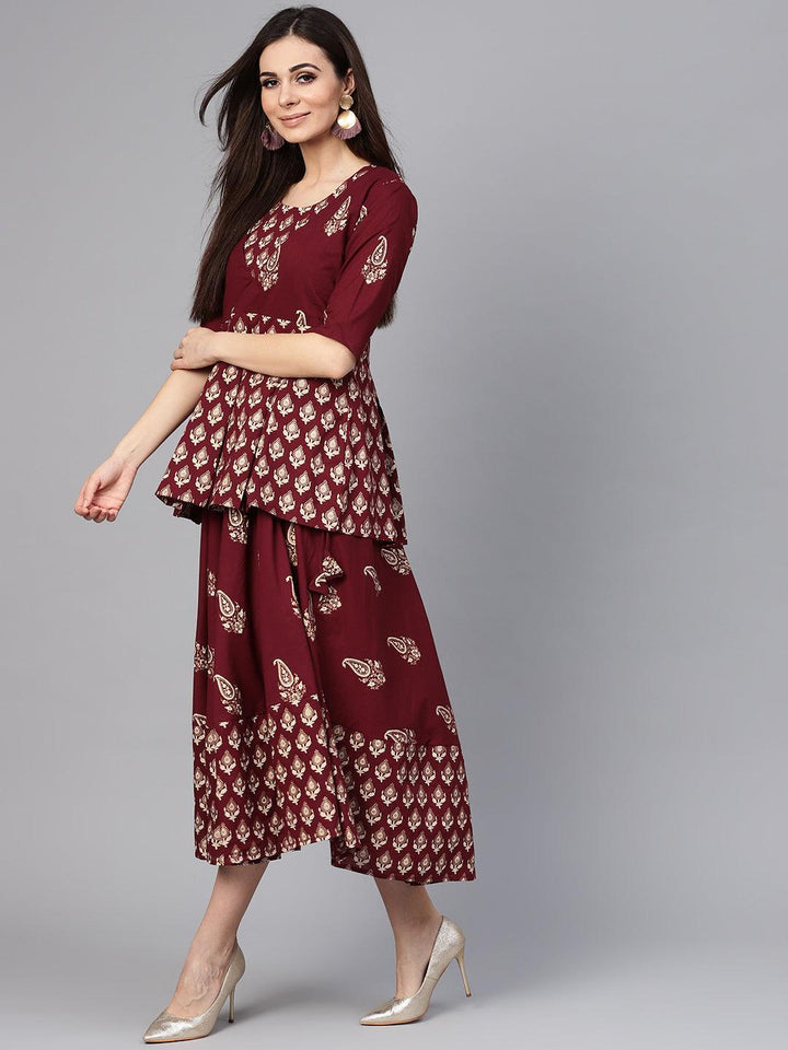 Maroon Printed Cotton Dress - ShopLibas