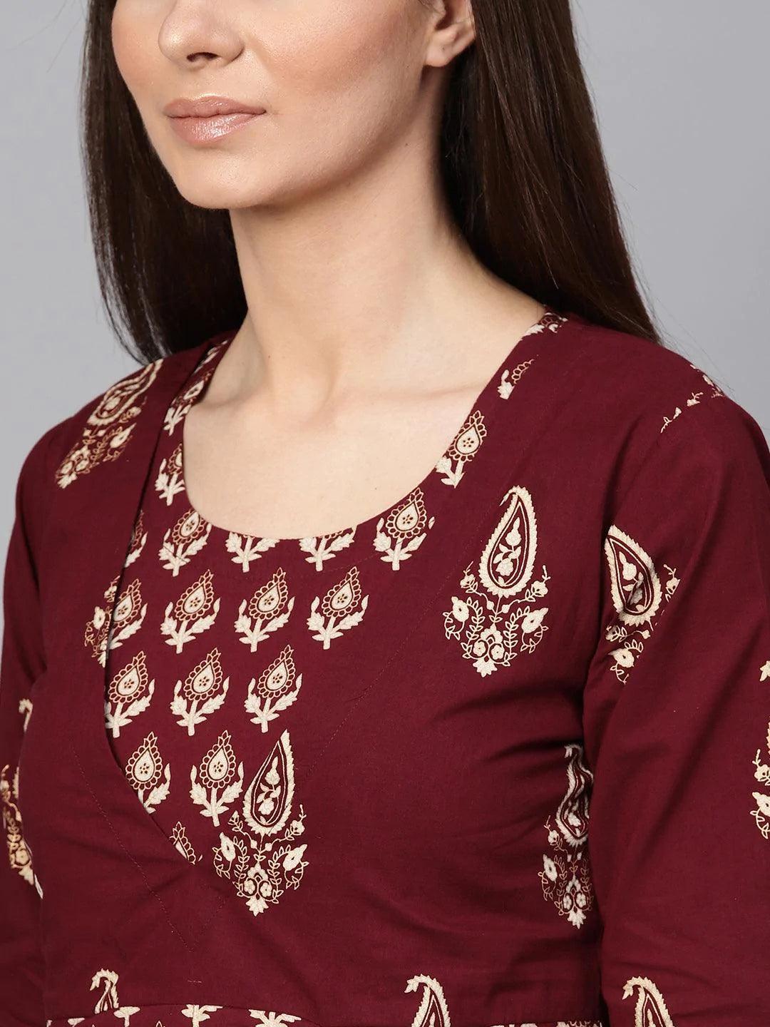 Maroon Printed Cotton Dress