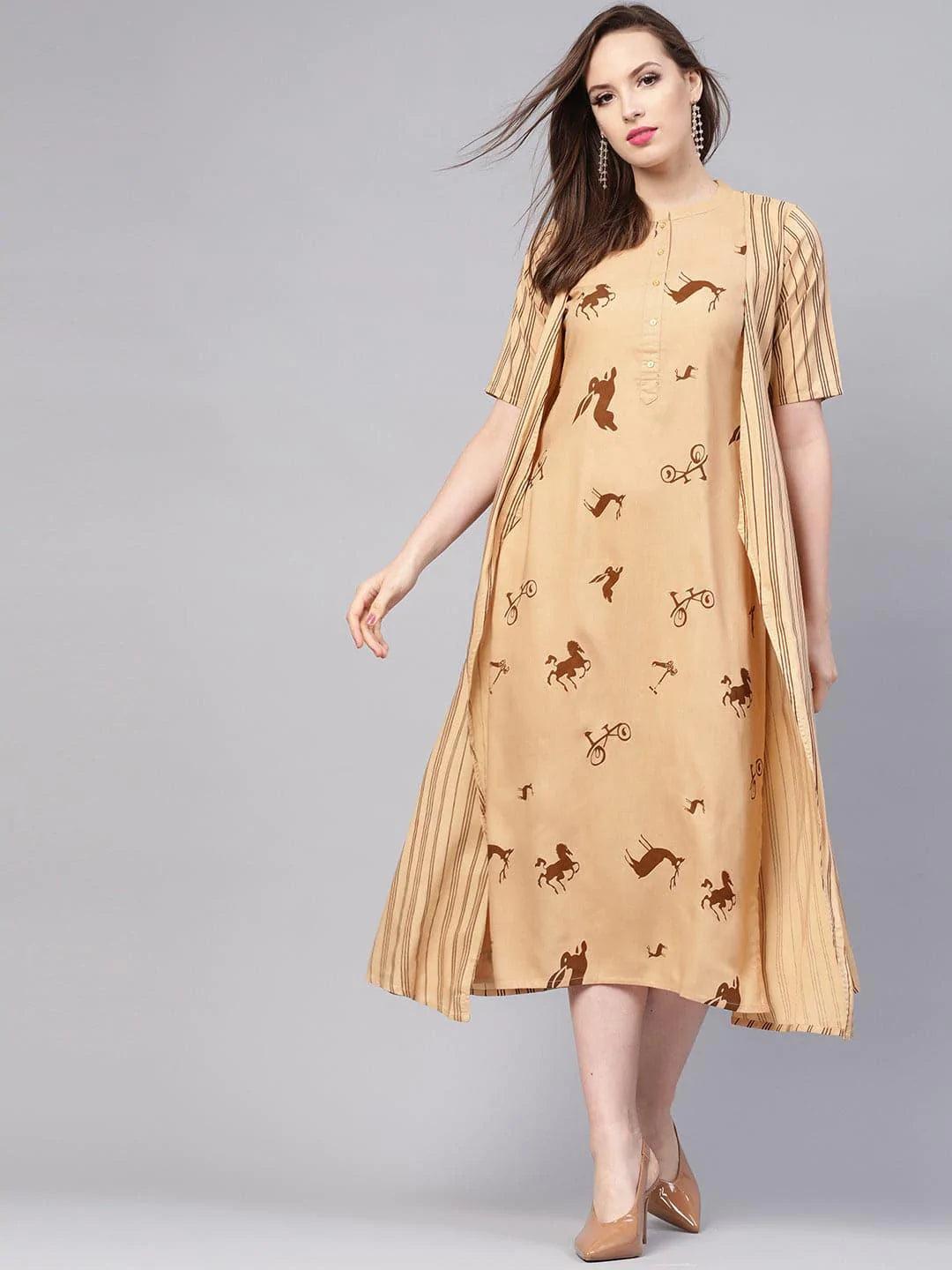 Beige Printed Rayon Dress With Jacket