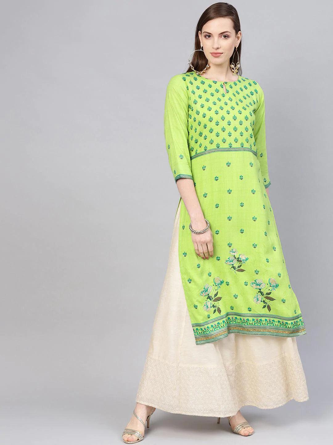 Green Printed Rayon Kurta - ShopLibas