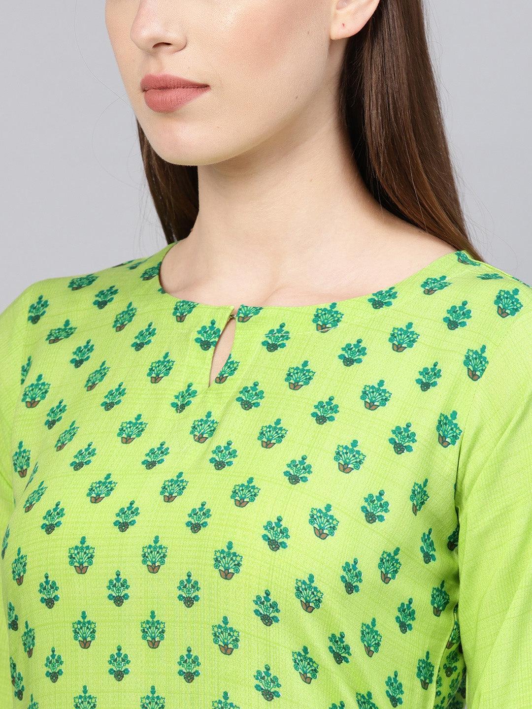 Green Printed Rayon Kurta - ShopLibas