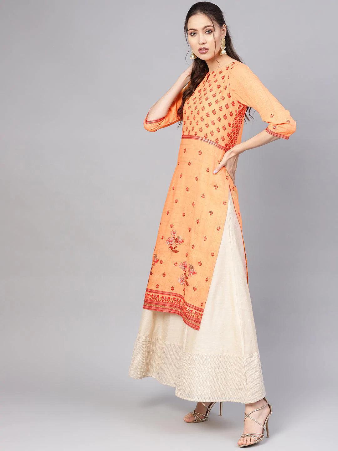 Orange Printed Rayon Kurta