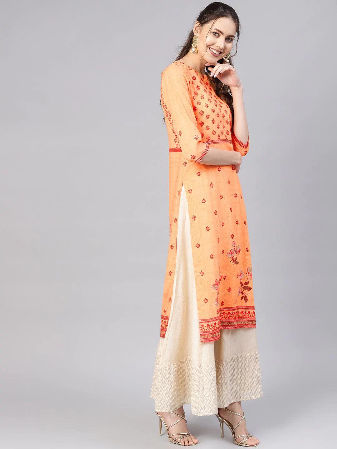 Orange Printed Rayon Kurta